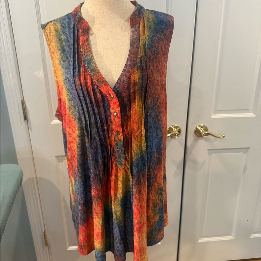 44” wide armpit total measurement Orange and Blue Pleated Mandarin stretchy top